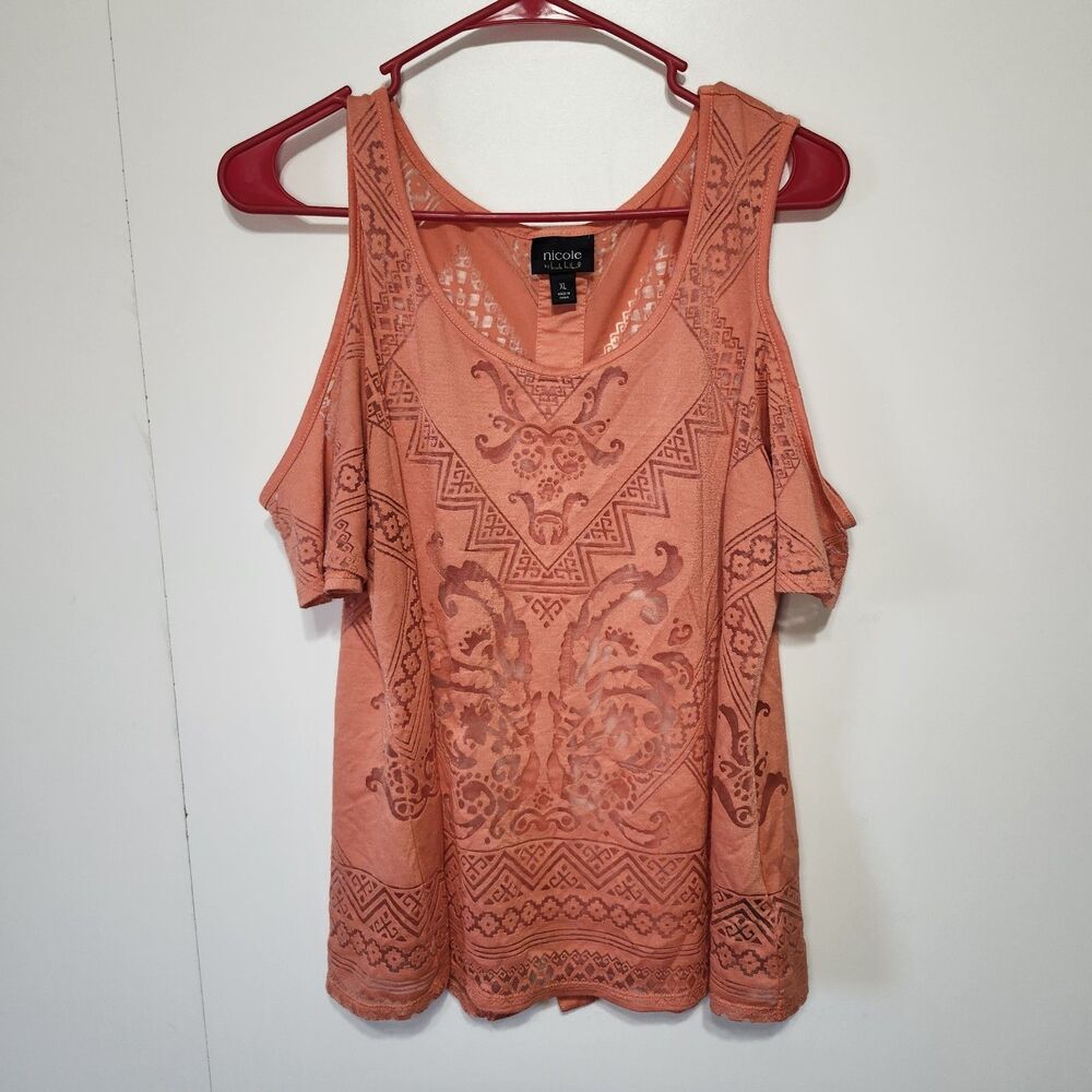 Nicole Miller Coral Cold Shoulder Top XL Geometric Sheer Cutout Short Sleeve